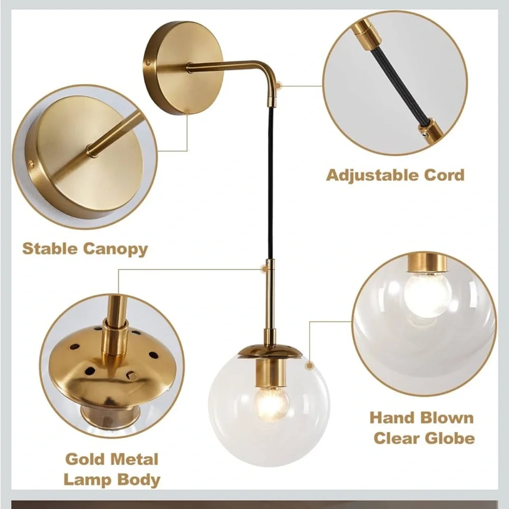 NIB Modern Wall Sconce Fixture Set of 2 Gold Adjustable Cord Brass Round Glass